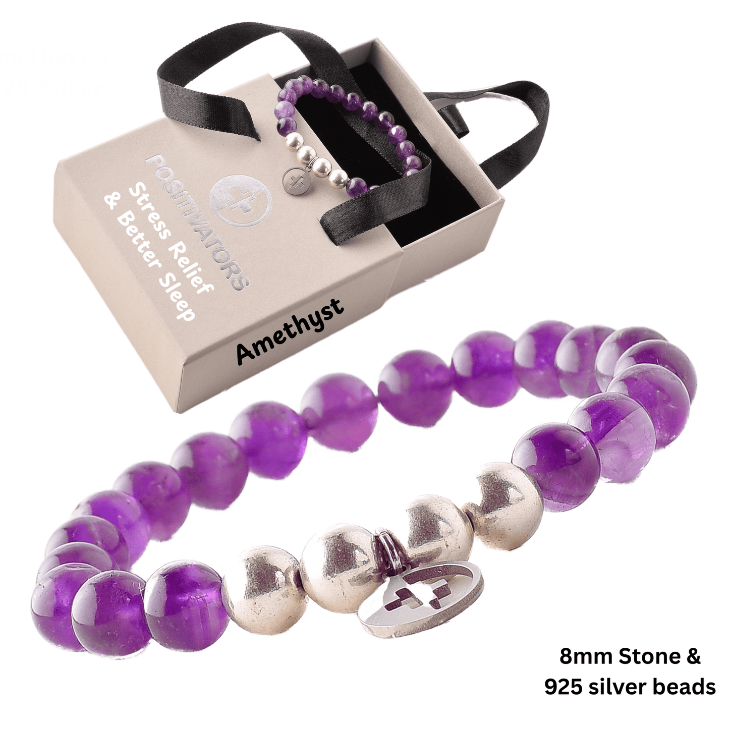 Positivators Stress Relief & Better Sleep - Amethyst & 925 Silver Bead Bracelet - Positivators
