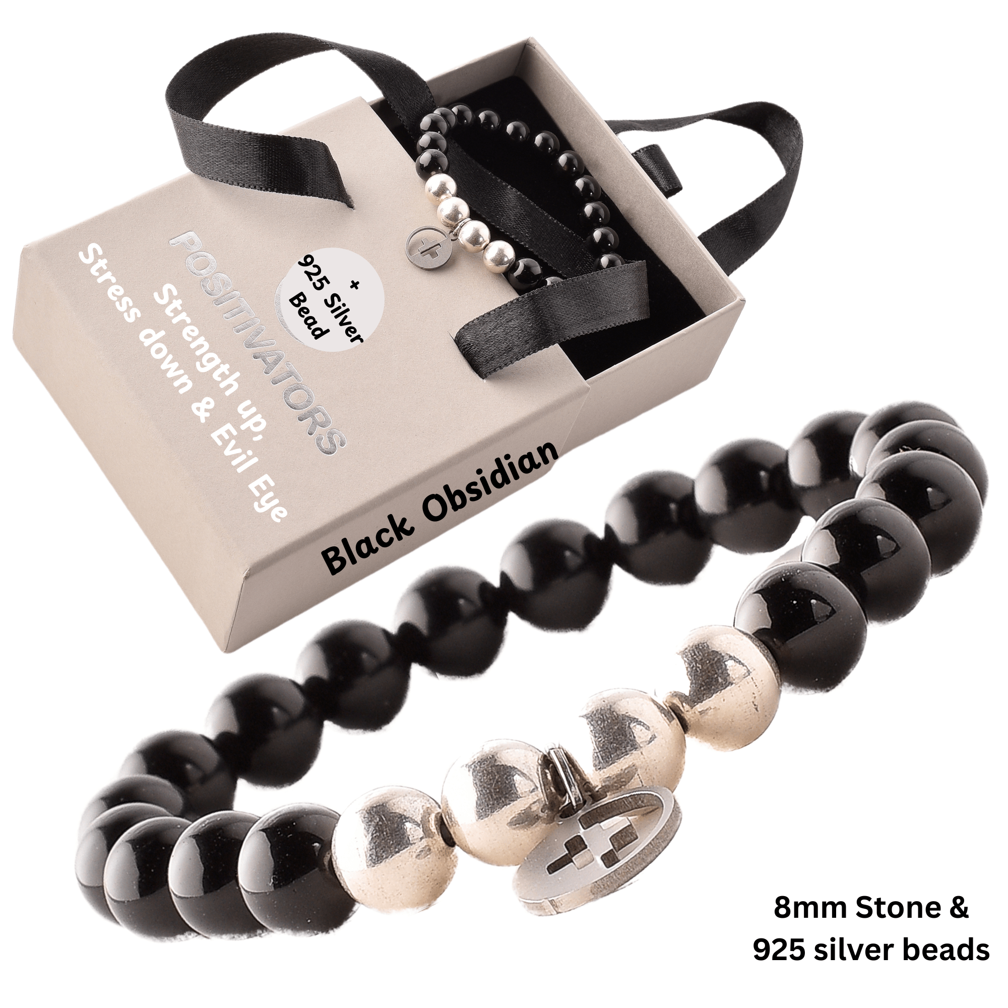 Positivators Strength & Evil Eye - Black Obsidian & 925 Silver Bead Bracelet - Positivators