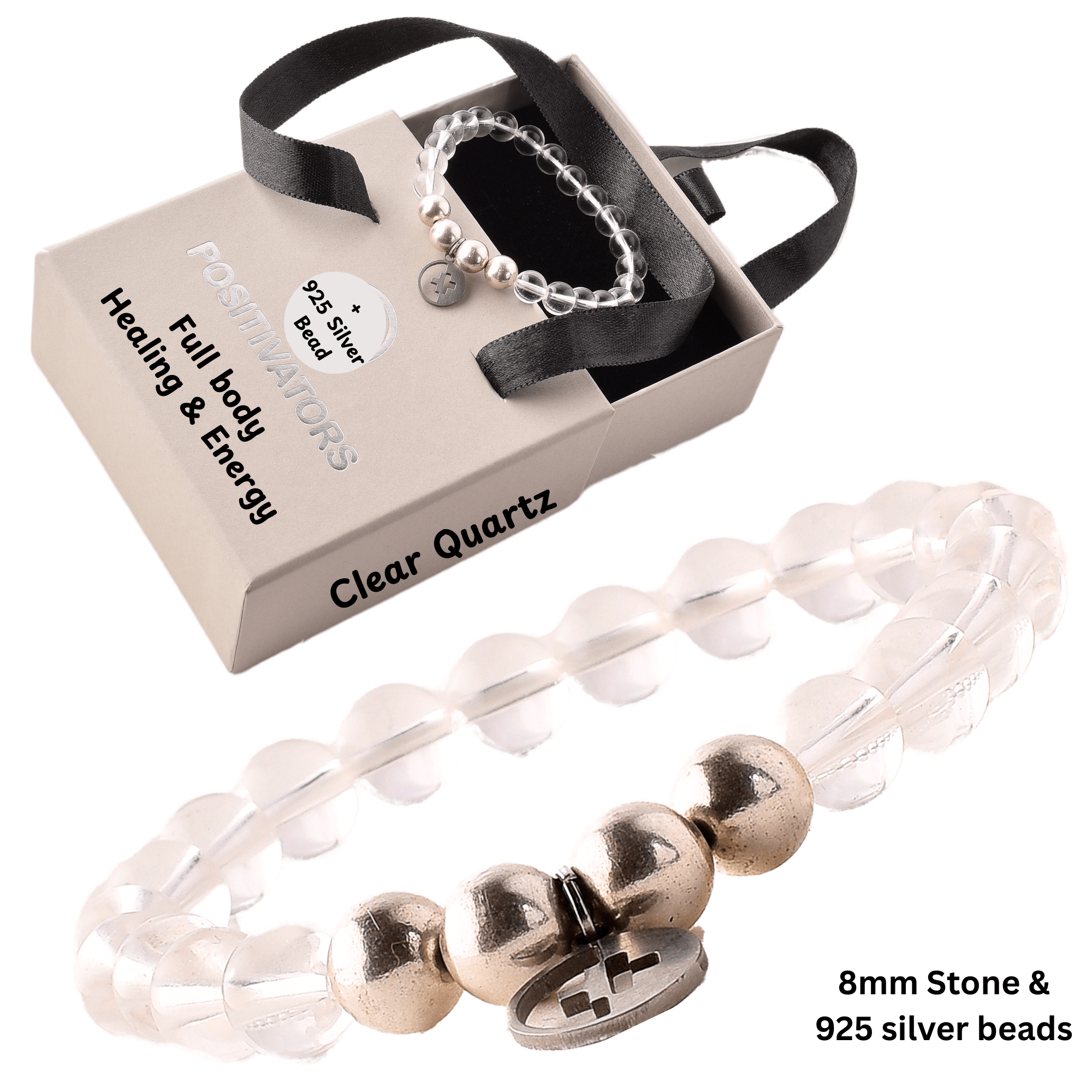 Positivators Full body Healing & Energy - Clear Quartz & 925 Silver Bead Bracelet - Positivators