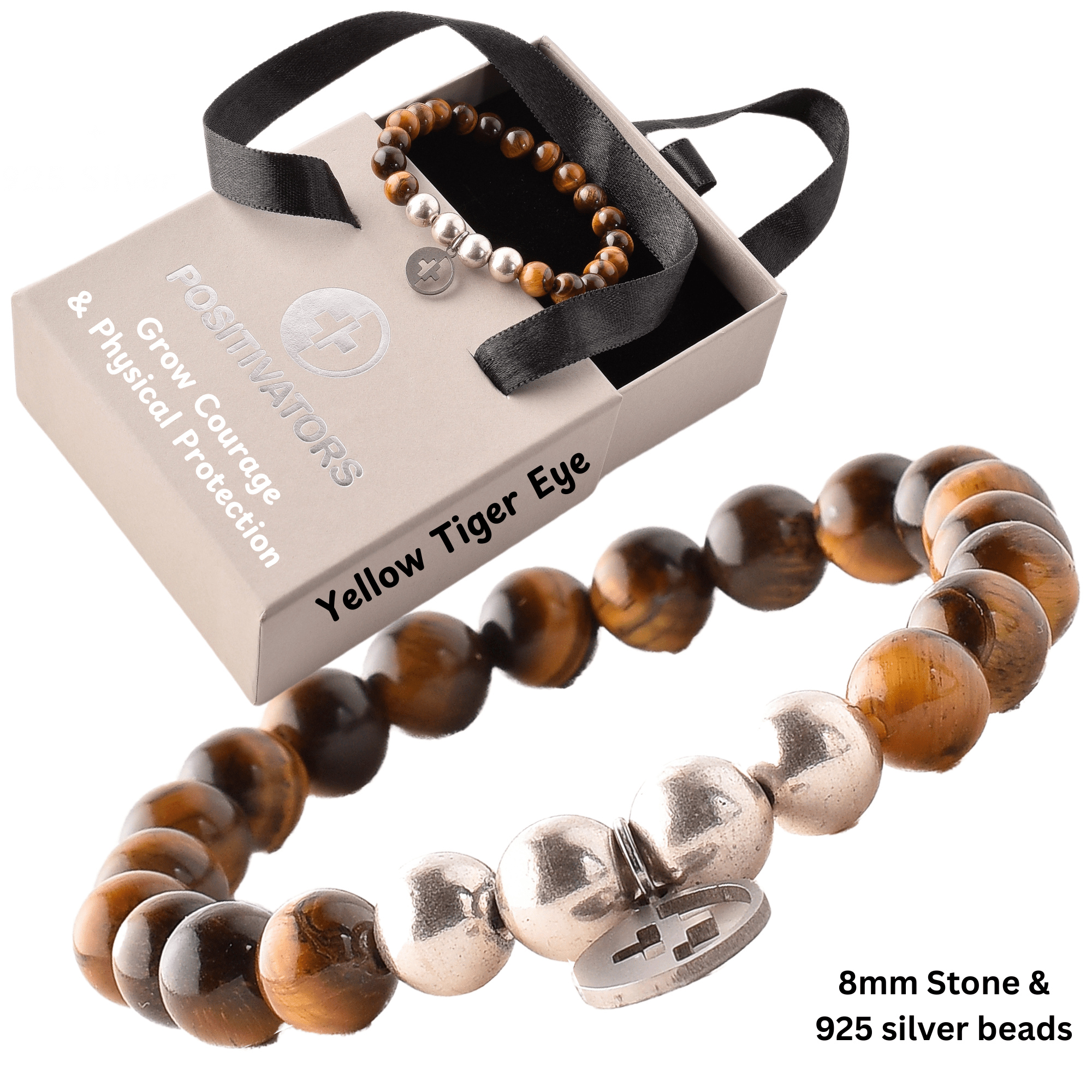 Positivators Grow Courage & Physical Protection - Yellow Tiger Eye & 925 Silver Bead Bracelet - Positivators